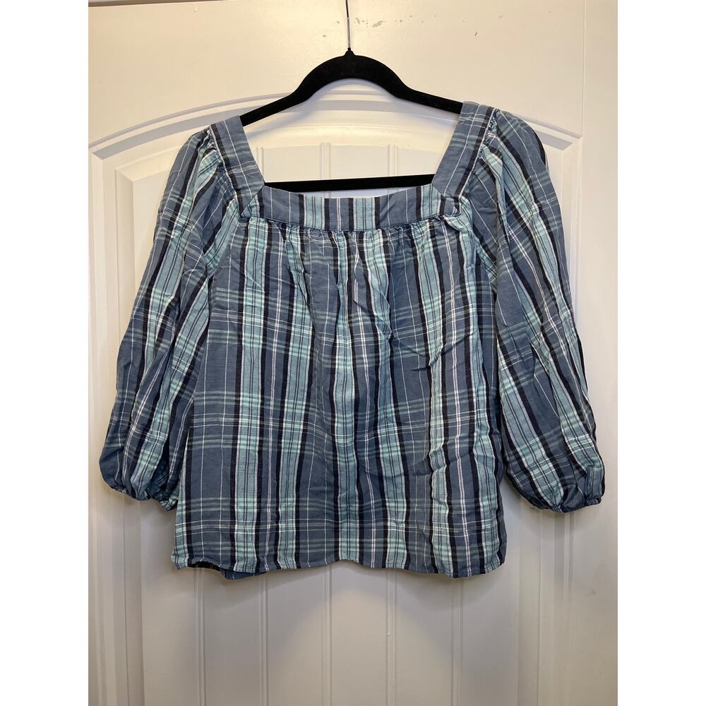 Lauren Conrad Women’s Square Neck Plaid 3/4 Sleeve Pullover Top Size PS Blue - Picture 3 of 4
